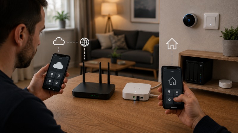 Ruka s telefonem ovládá chytrou domácnost, v pozadí centrální jednotka a symbol cloudu