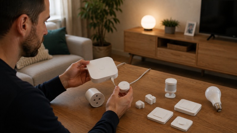 Zigbee žárovka, chytrá zásuvka a bateriové čidlo pohybu propojené bezdrátovou mesh sítí