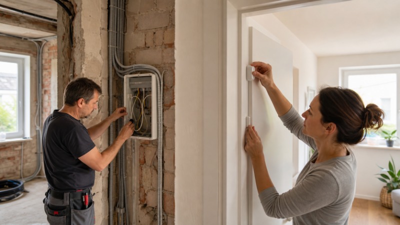 Otevřený rozvaděč s kabelovou sběrnicí vedle bezdrátového čidla jako srovnání drátové a bezdrátové instalace chytré domácnosti