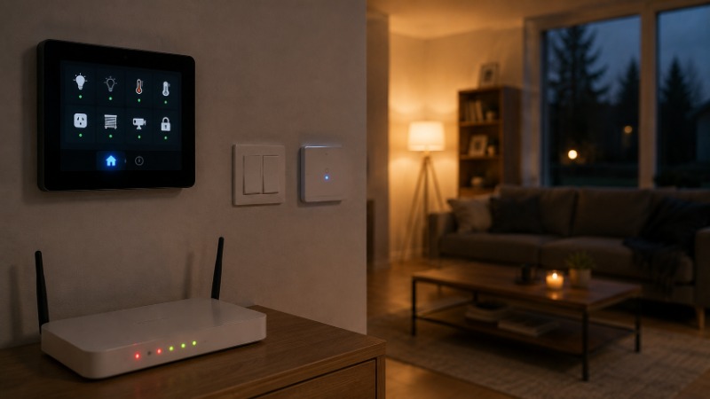 Router s rozsvícenou kontrolkou výpadku, vedle centrální jednotka chytré domácnosti a ruka na klasickém vypínači