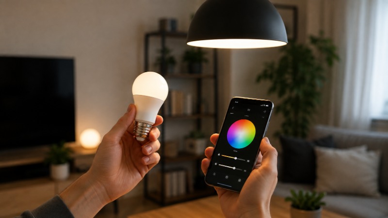 Rozsvícená chytrá žárovka v objímce stolní lampy a telefon s aplikací pro nastavení jasu