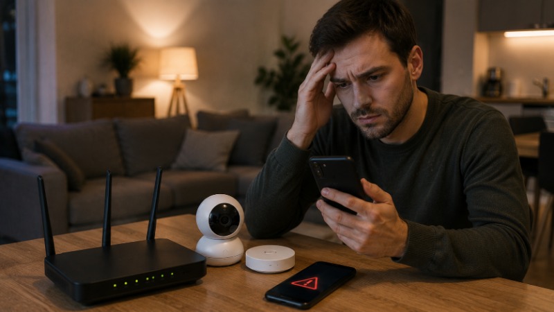 Chytrá zásuvka, čidlo na okně a telefon s hlášením o nedostupném zařízení v obývacím pokoji