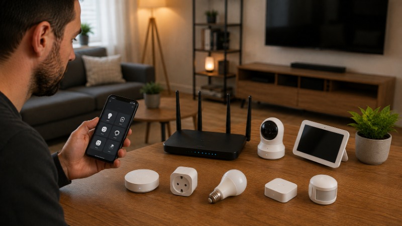 Wi-Fi router a mesh jednotka mezi chytrými zásuvkami a žárovkami v domácnosti