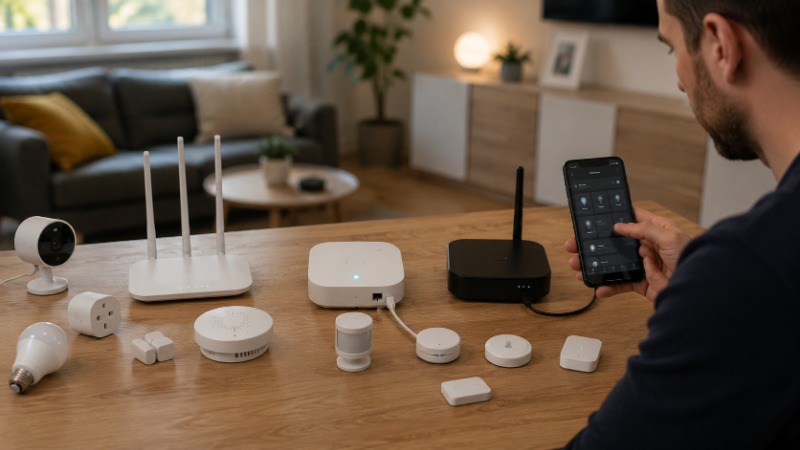 Wi-Fi router a centrální jednotka chytré domácnosti vedle sebe na poličce