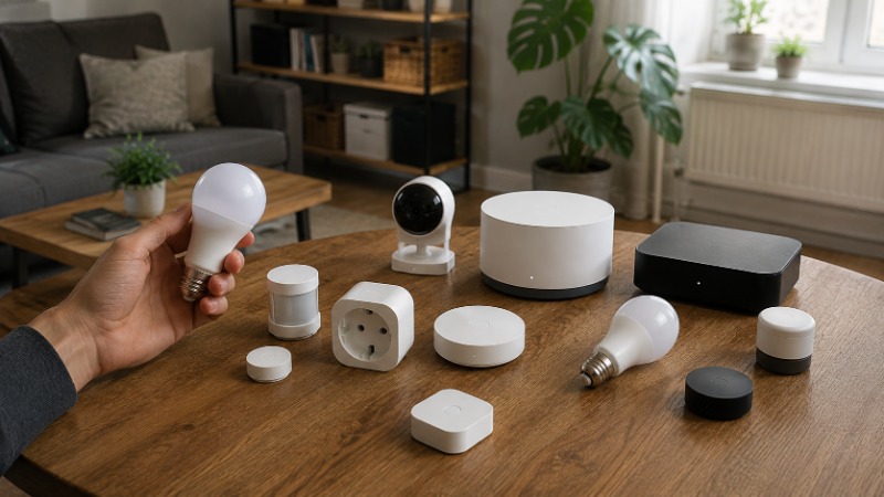 Zigbee žárovka a logo standardu Matter na krabici jako srovnání rádia a aplikační vrstvy