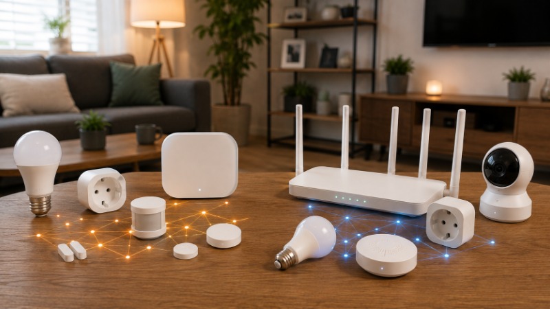 Wi-Fi router vedle Zigbee hubu a bateriového čidla jako srovnání dvou protokolů chytré domácnosti